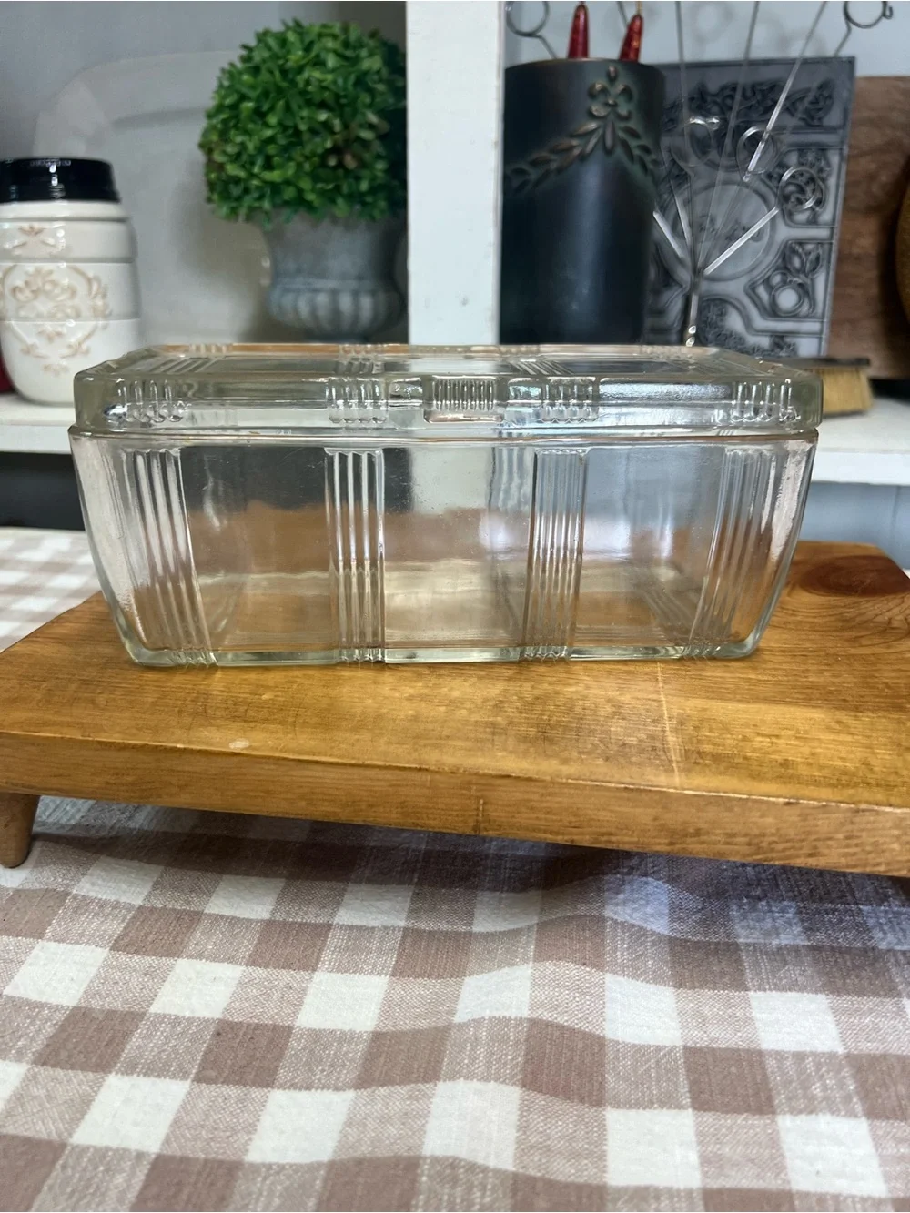 Vintage Hazel atlas criss cross refrigerator dish glass lidded storage